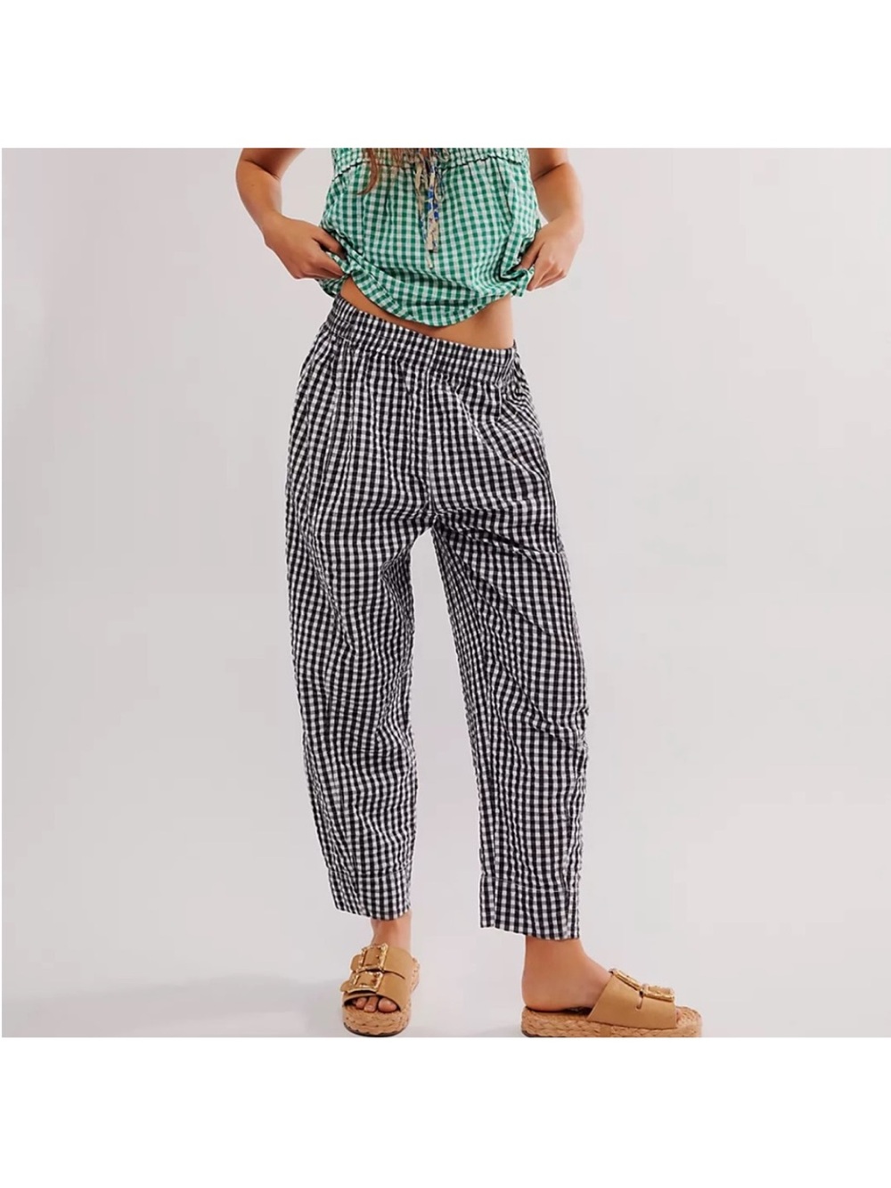 Preppy Gingham Pants sz S | seersucker gingham highwaist barrel lightweight